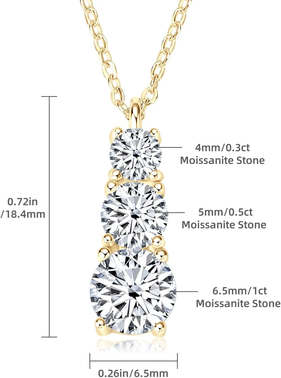 Moissanite Pendant Necklace, 925 Sterling Silver Necklaces for Women 3 Stone Pendant, 18 to 20 Inch, Jewelry Gifts