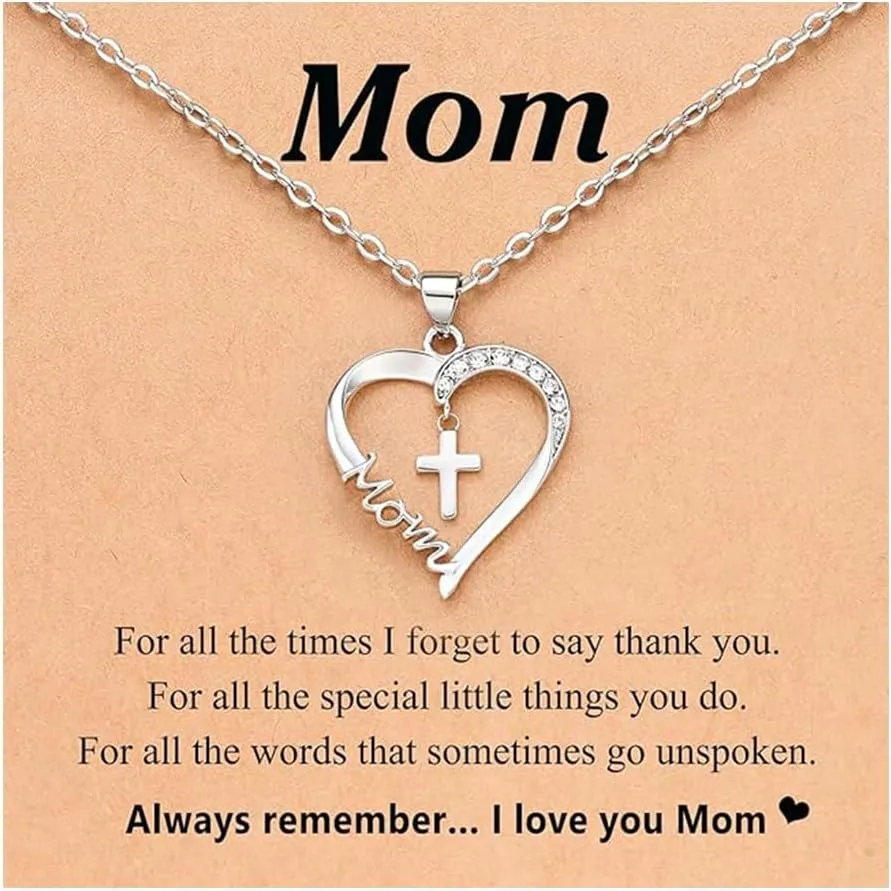 Mom Necklace for Women Mother and Daughter Necklace Mom Birthday Mothers Day Gifts Heart Cross Pendant Necklaces Baptism Confirmation Easter Jewelry