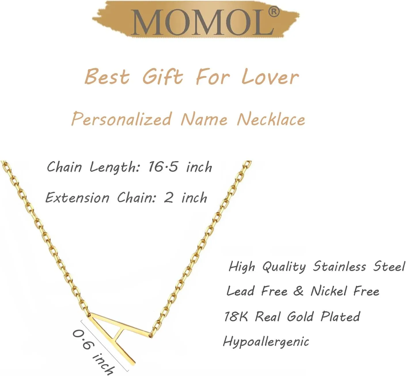 MOMOL Sideways Gold Initial Necklace for Women 18K Gold Plated Stainless Steel Dainty Letters Pendant Personalized Name Necklaces