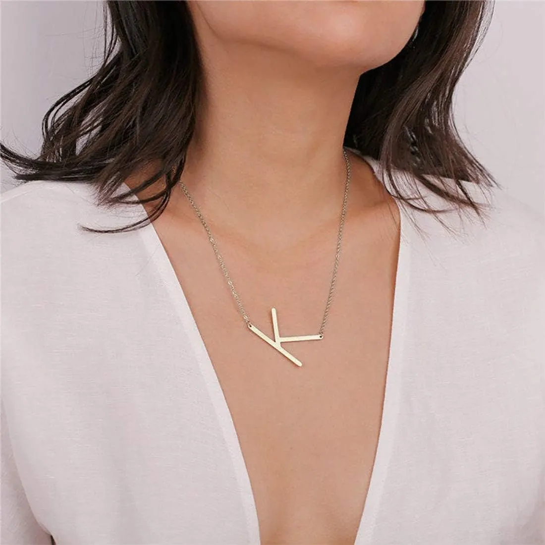 MOMOL Sideways Initial Necklace 18K Gold Plated Stainless Steel Large Big Letters Pendant Necklace Script Name Monogram Necklaces for Women