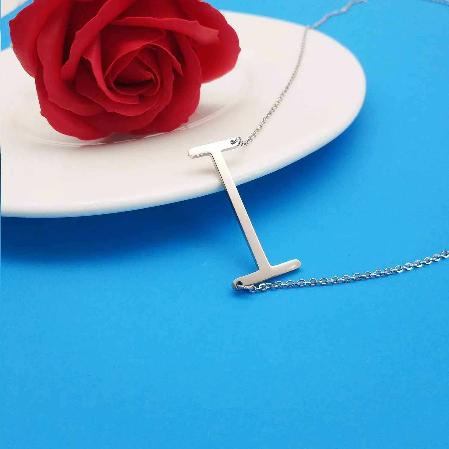 MOMOL Sideways Initial Necklace 18K Gold Plated Stainless Steel Large Big Letters Pendant Necklace Script Name Monogram Necklaces for Women