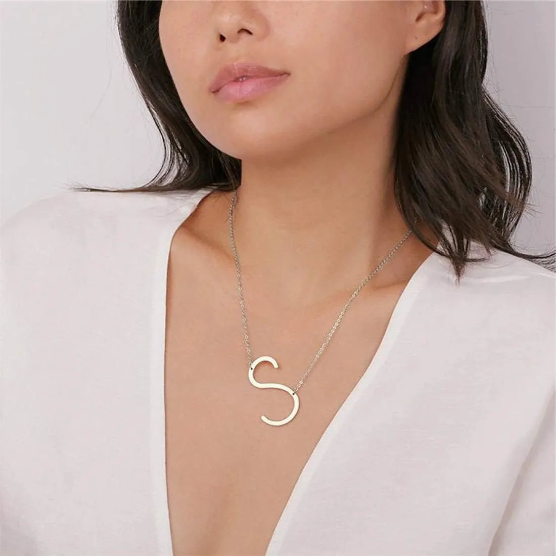 MOMOL Sideways Initial Necklace 18K Gold Plated Stainless Steel Large Big Letters Pendant Necklace Script Name Monogram Necklaces for Women