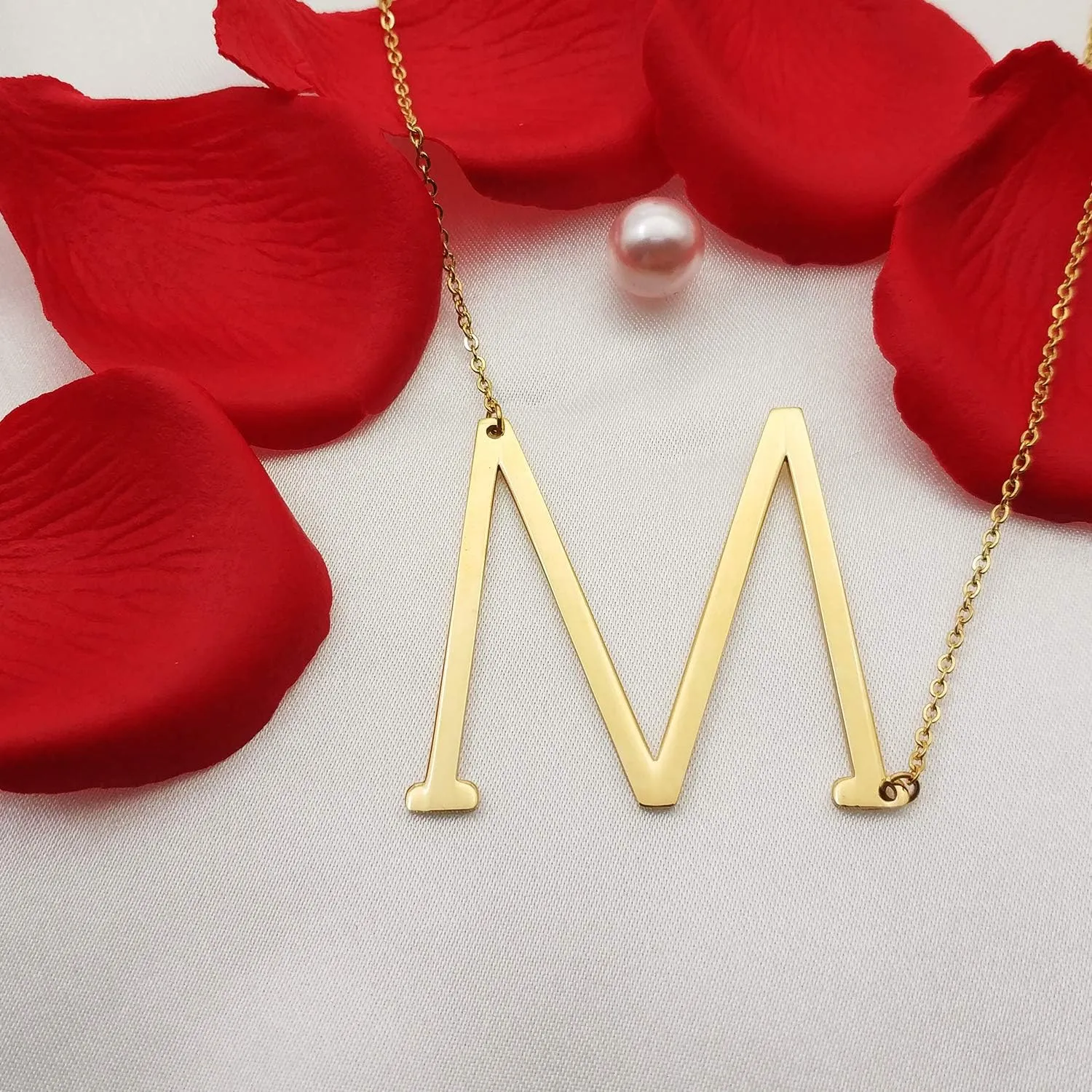 MOMOL Sideways Initial Necklace 18K Gold Plated Stainless Steel Large Big Letters Pendant Necklace Script Name Monogram Necklaces for Women