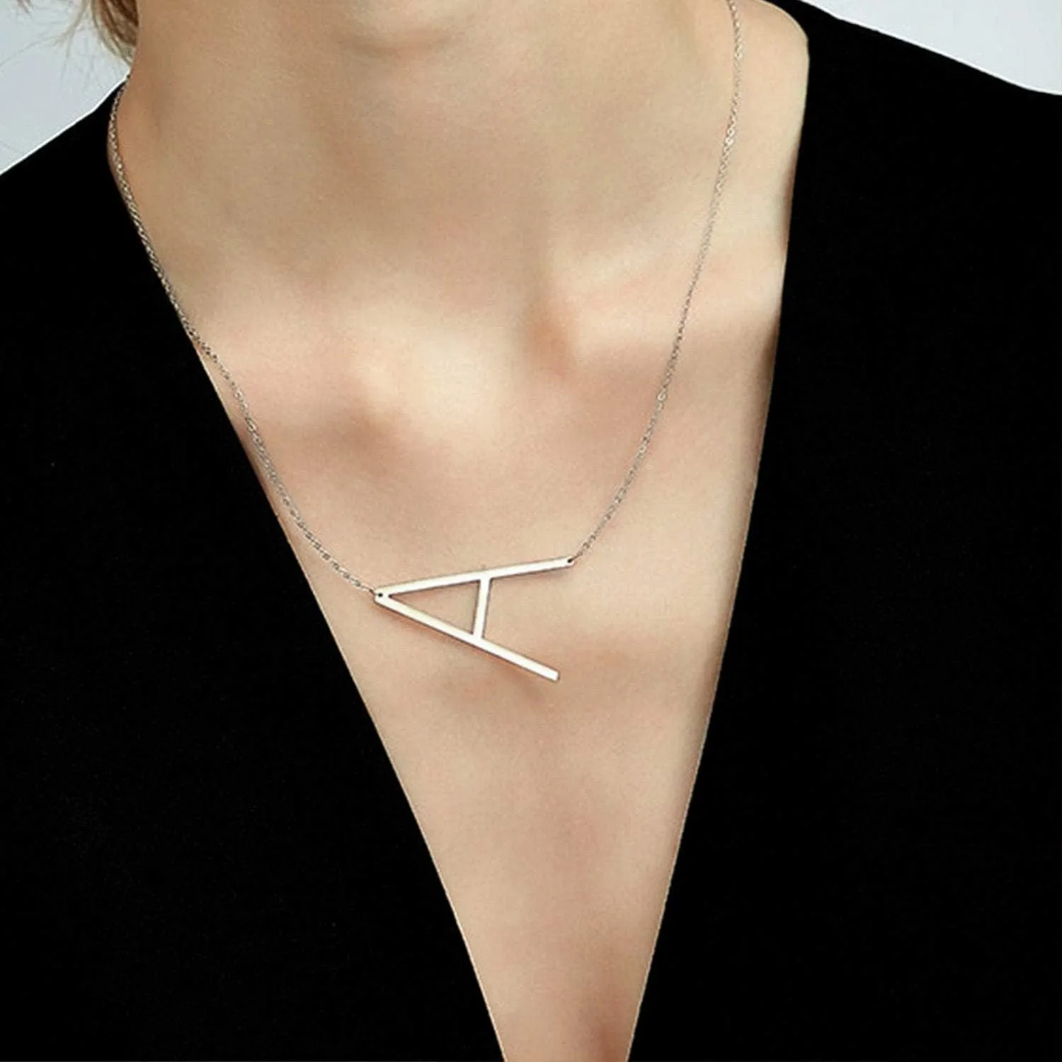MOMOL Sideways Initial Necklace 18K Gold Plated Stainless Steel Large Big Letters Pendant Necklace Script Name Monogram Necklaces for Women