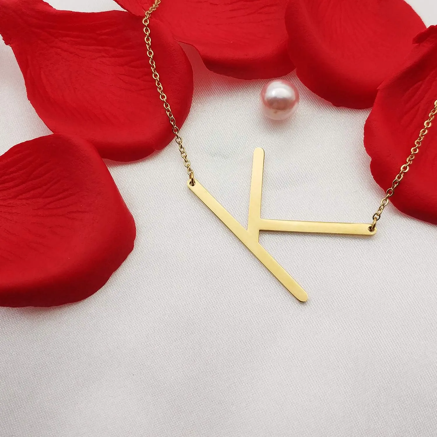 MOMOL Sideways Initial Necklace 18K Gold Plated Stainless Steel Large Big Letters Pendant Necklace Script Name Monogram Necklaces for Women