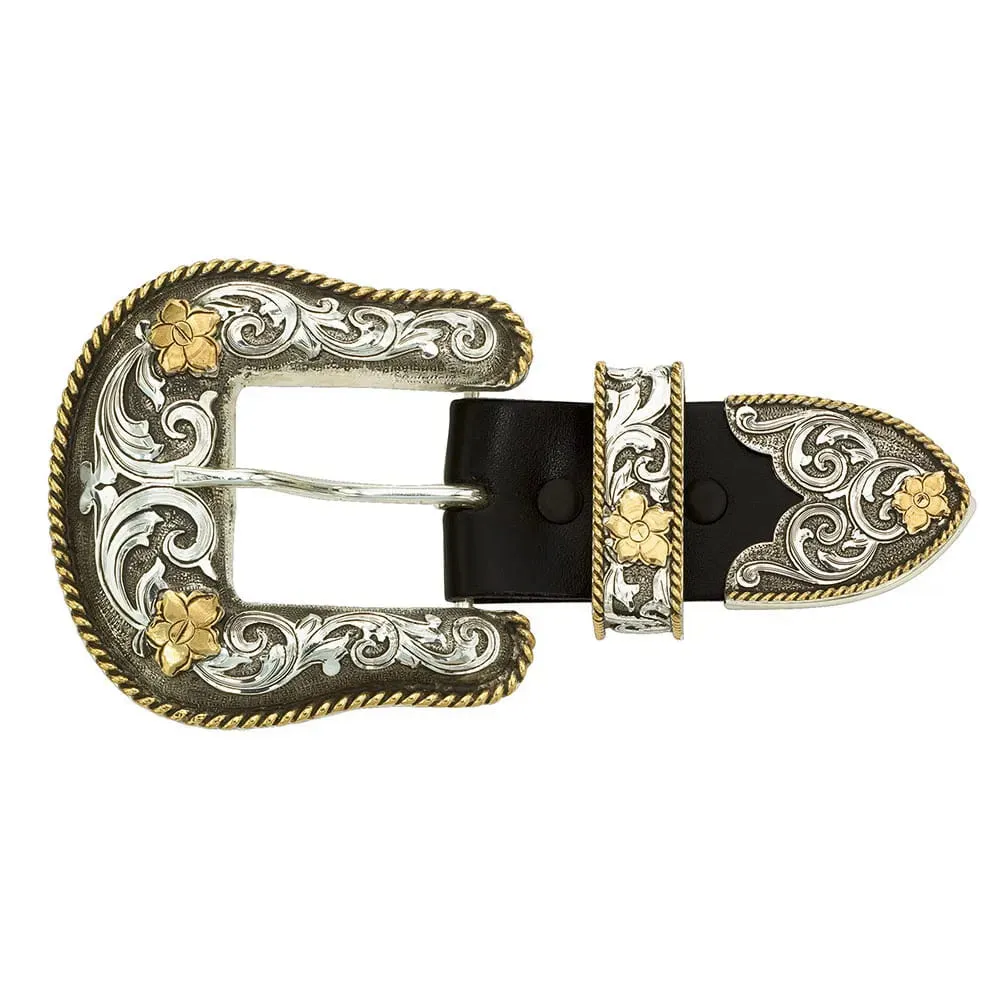 Montana Silversmiths Antiqued Two Tone Filigree 1.5" 3 Piece Belt Buckle Set