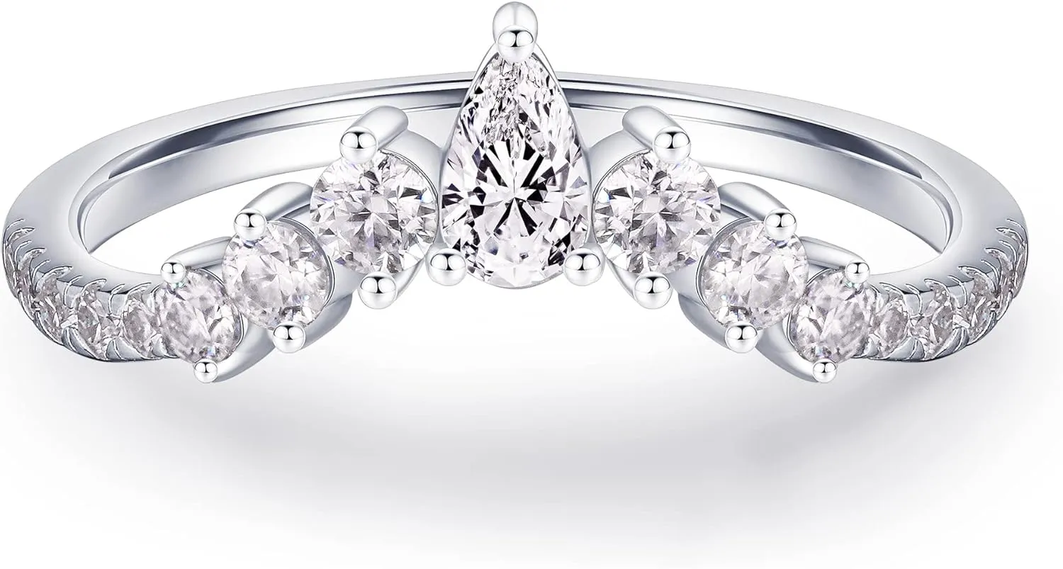 MOOSEA Unique Moissanite Wedding Band for Women, D Color VVS1 Clarity Lab Created Rings 14K White Yellow Rose Gold Vermeil Pear and Round Moissanite Curved Stackable Rings for Women Gifts