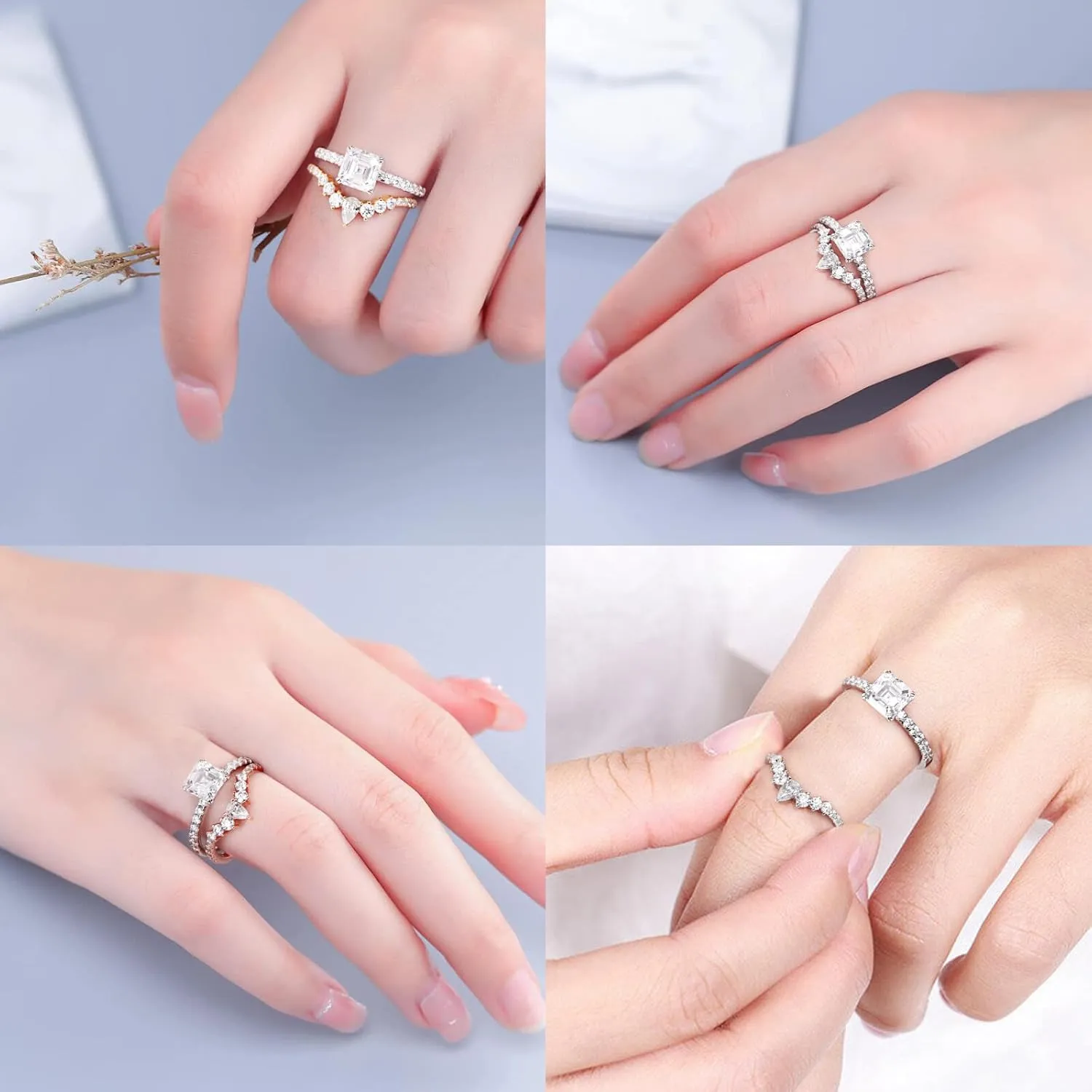 MOOSEA Unique Moissanite Wedding Band for Women, D Color VVS1 Clarity Lab Created Rings 14K White Yellow Rose Gold Vermeil Pear and Round Moissanite Curved Stackable Rings for Women Gifts
