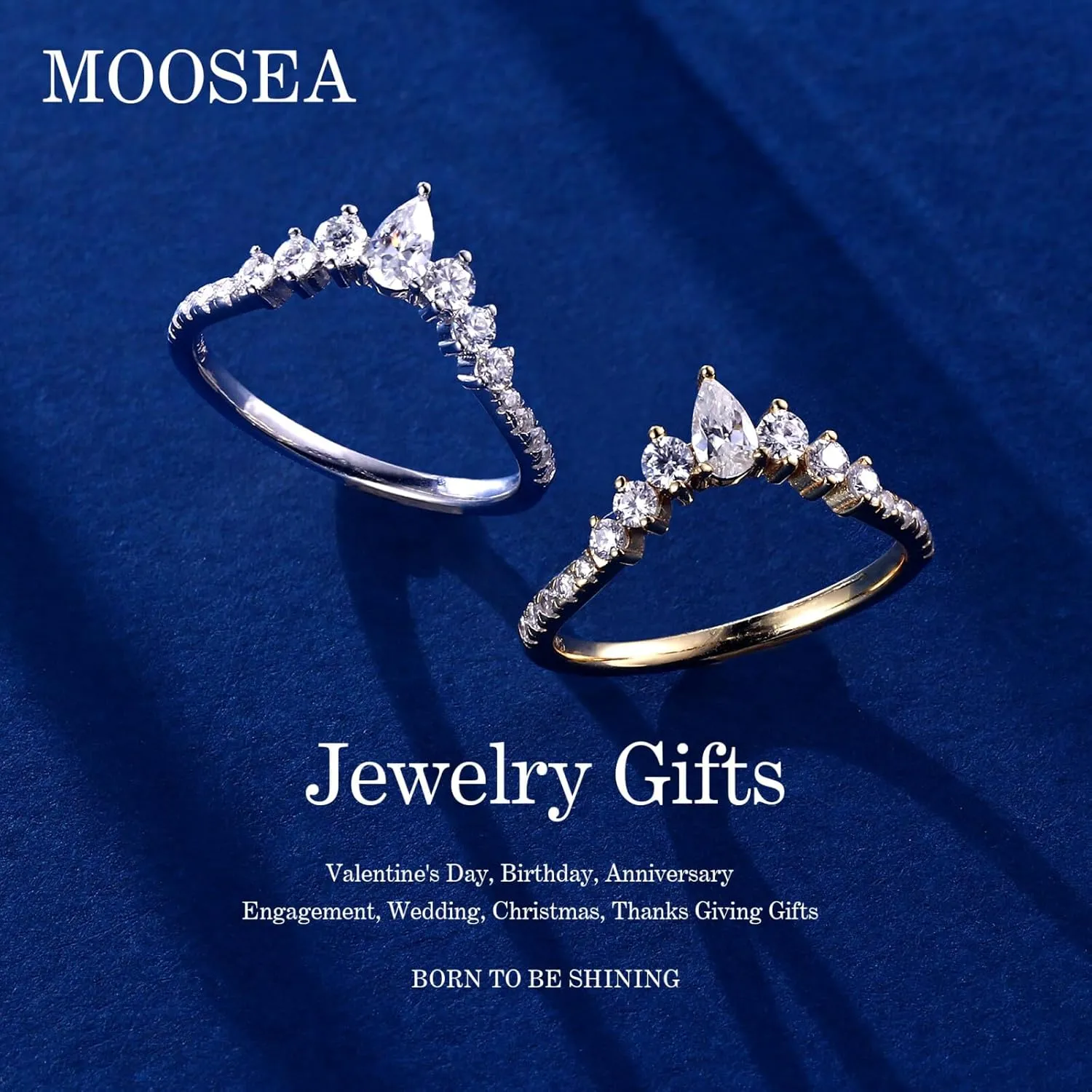 MOOSEA Unique Moissanite Wedding Band for Women, D Color VVS1 Clarity Lab Created Rings 14K White Yellow Rose Gold Vermeil Pear and Round Moissanite Curved Stackable Rings for Women Gifts