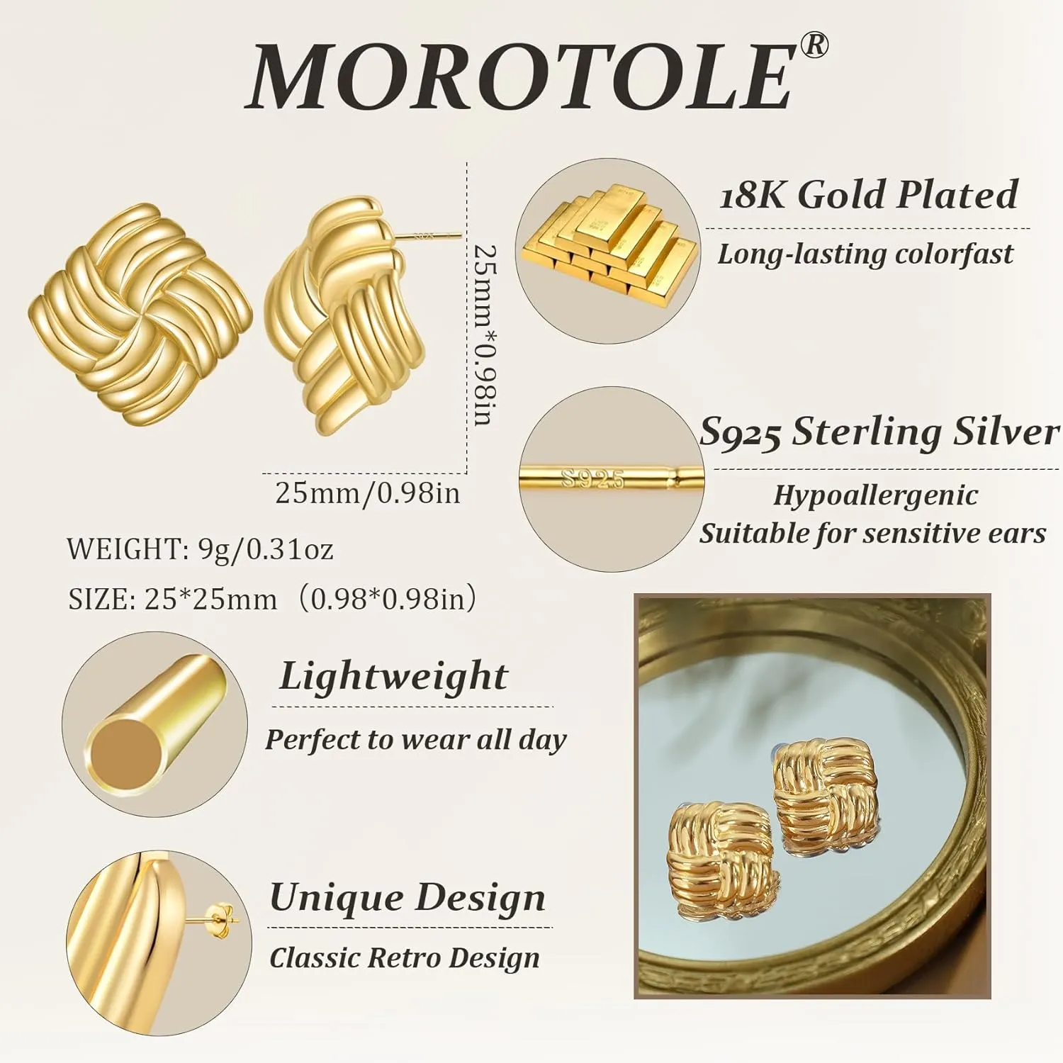 MOROTOLE Chunky Gold Earrings, Vintage Gold Statement Stud Earrings for Women Hypoallergenic Lightweight Trendy 18K Gold Knot Geometric Dangle Drop Earring Jewelry Gifts