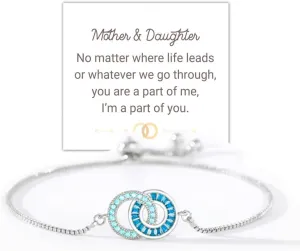 Mother & Daughter Linking Circles Bracelet,Adjustable 925 Sterling Silver Birthstone Mother Daughter Bracelets,Custom Interlocking Circle Birthstone Bracelet,Mother Daughter Gifts for Christmas