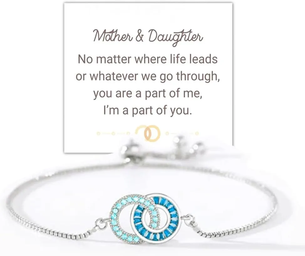 Mother & Daughter Linking Circles Bracelet,Adjustable 925 Sterling Silver Birthstone Mother Daughter Bracelets,Custom Interlocking Circle Birthstone Bracelet,Mother Daughter Gifts for Christmas