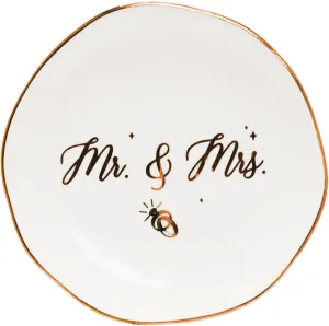 Mrs. Jewelry Dish Tray Engagement Gift, Ceramic Wedding Ring Dish Holder for Bride or Future Mrs. wtih Unique Design & Irregular Gold Foil Accents, for Bachelorette Gifts, Couples, Fiancee