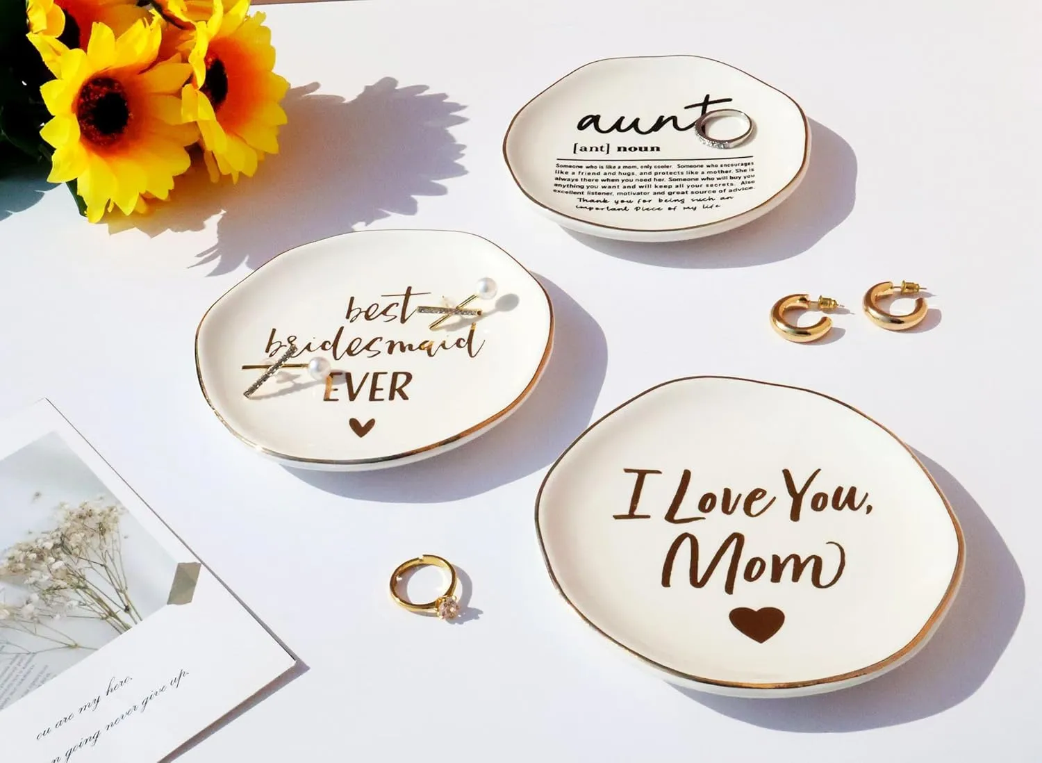 Mrs. Jewelry Dish Tray Engagement Gift, Ceramic Wedding Ring Dish Holder for Bride or Future Mrs. wtih Unique Design & Irregular Gold Foil Accents, for Bachelorette Gifts, Couples, Fiancee