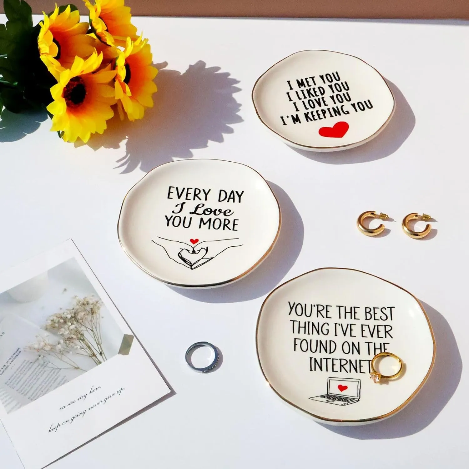 Mrs. Jewelry Dish Tray Engagement Gift, Ceramic Wedding Ring Dish Holder for Bride or Future Mrs. wtih Unique Design & Irregular Gold Foil Accents, for Bachelorette Gifts, Couples, Fiancee