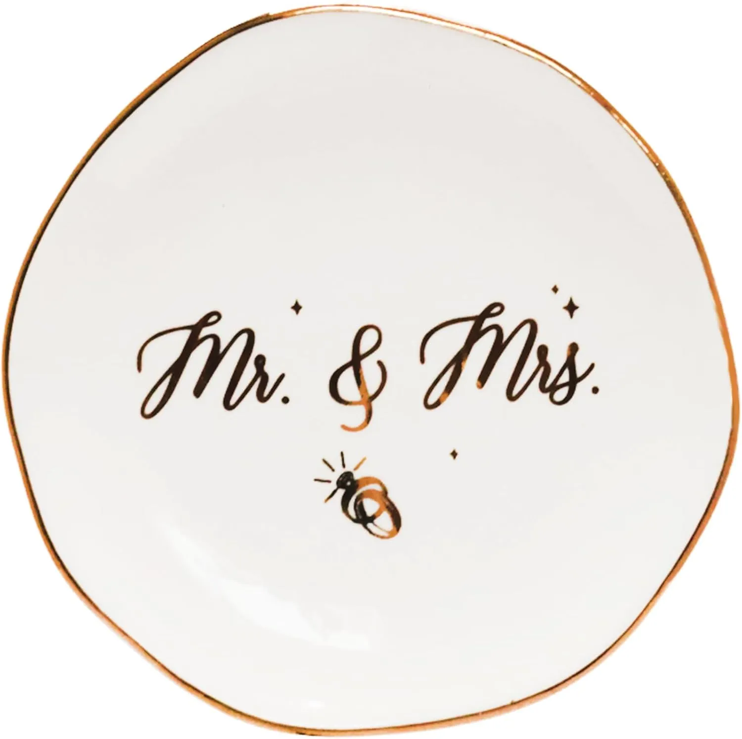 Mrs. Jewelry Dish Tray Engagement Gift, Ceramic Wedding Ring Dish Holder for Bride or Future Mrs. wtih Unique Design & Irregular Gold Foil Accents, for Bachelorette Gifts, Couples, Fiancee