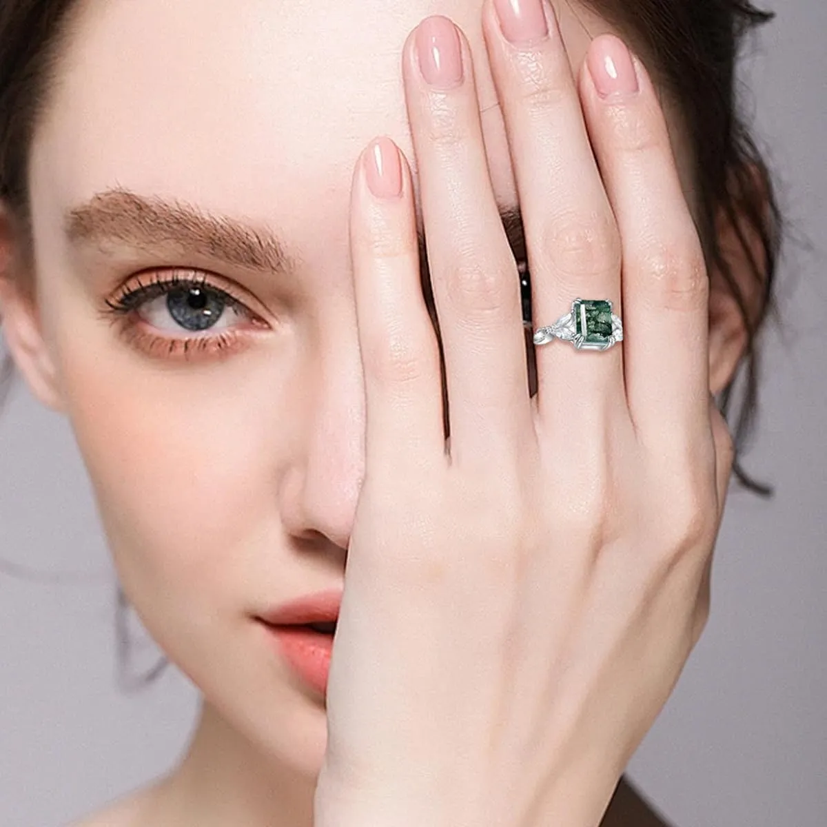 Natural Moss Agate 925 Sterling Silver Custom Green Engagement Ring - Unique Wedding Promise Jewelry for Women