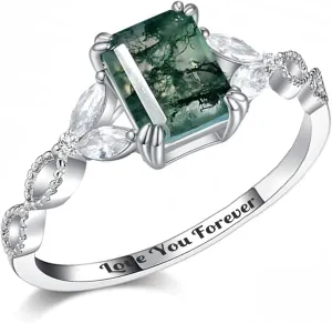Natural Moss Agate 925 Sterling Silver Custom Green Engagement Ring - Unique Wedding Promise Jewelry for Women