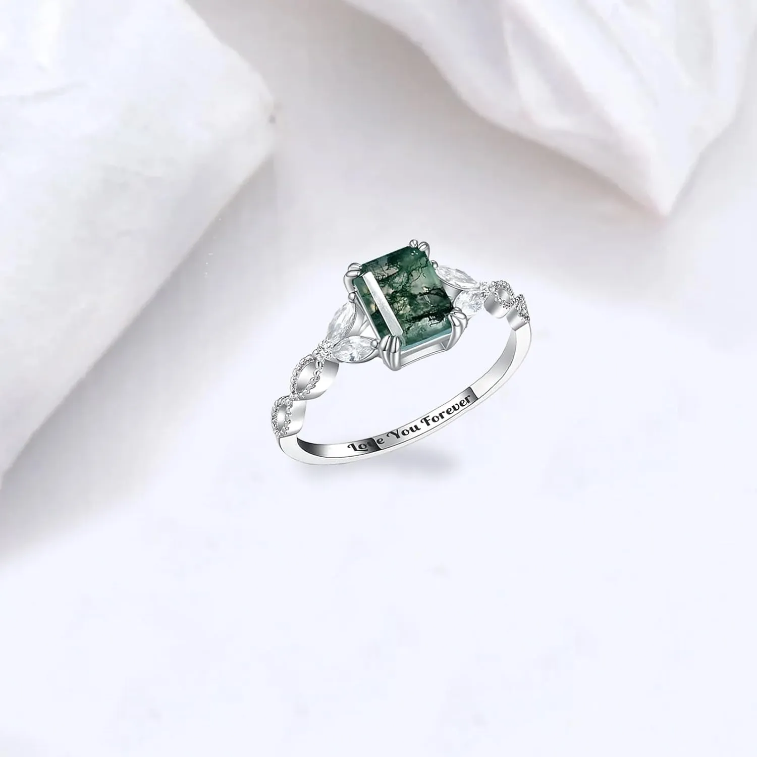 Natural Moss Agate 925 Sterling Silver Custom Green Engagement Ring - Unique Wedding Promise Jewelry for Women