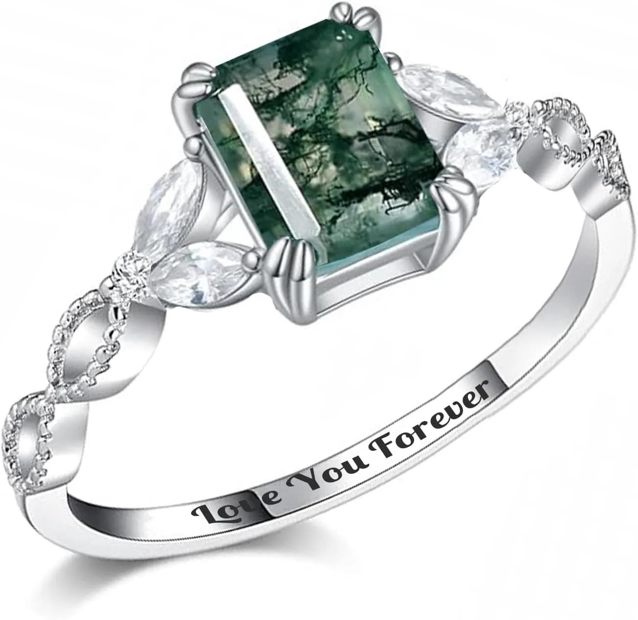 Natural Moss Agate 925 Sterling Silver Custom Green Engagement Ring - Unique Wedding Promise Jewelry for Women