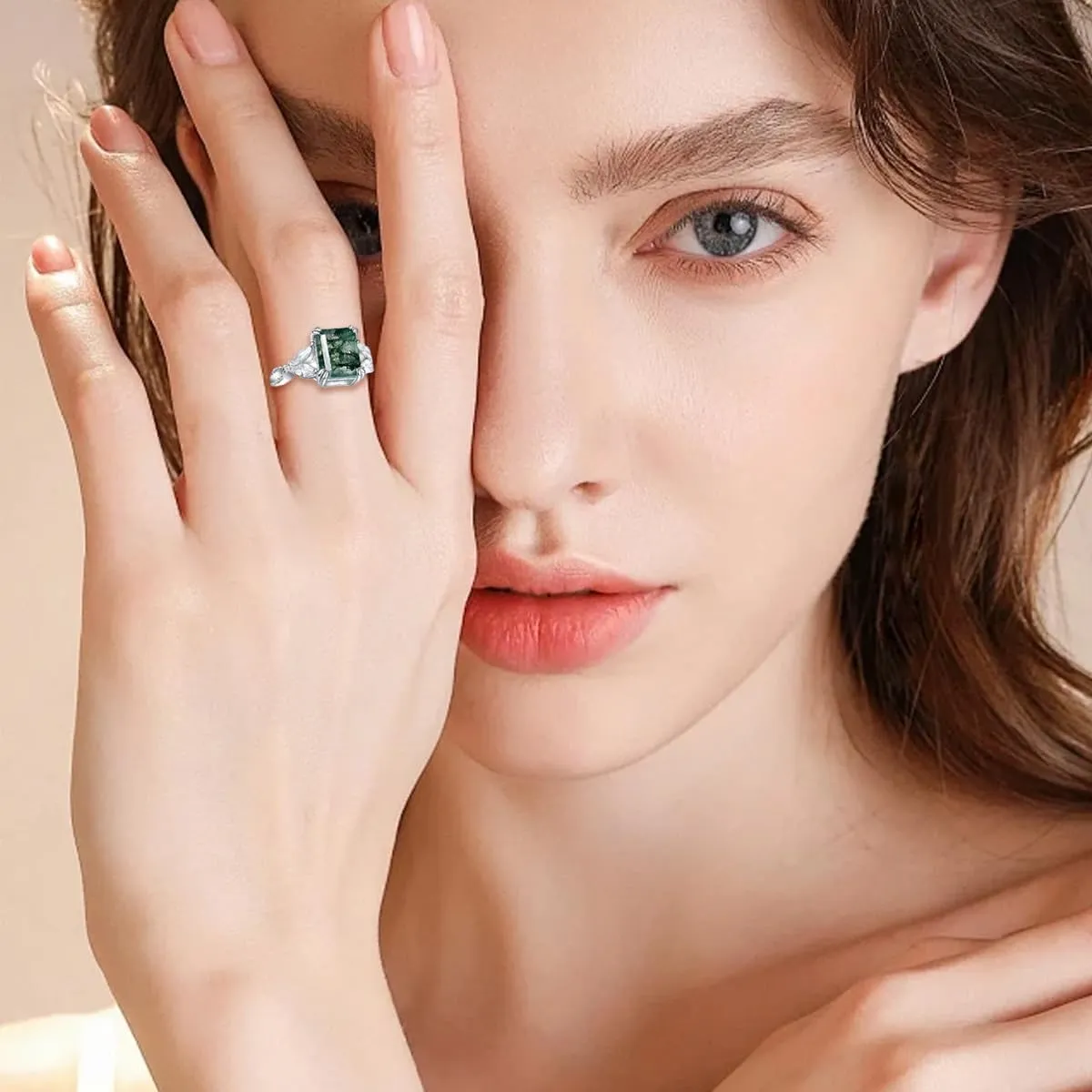 Natural Moss Agate 925 Sterling Silver Custom Green Engagement Ring - Unique Wedding Promise Jewelry for Women
