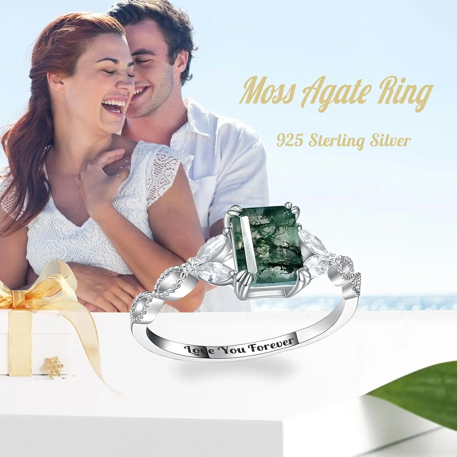 Natural Moss Agate 925 Sterling Silver Custom Green Engagement Ring - Unique Wedding Promise Jewelry for Women