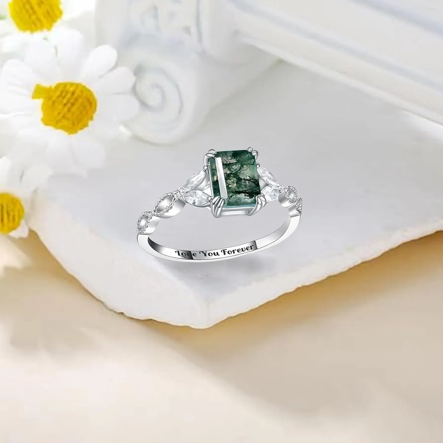 Natural Moss Agate 925 Sterling Silver Custom Green Engagement Ring - Unique Wedding Promise Jewelry for Women