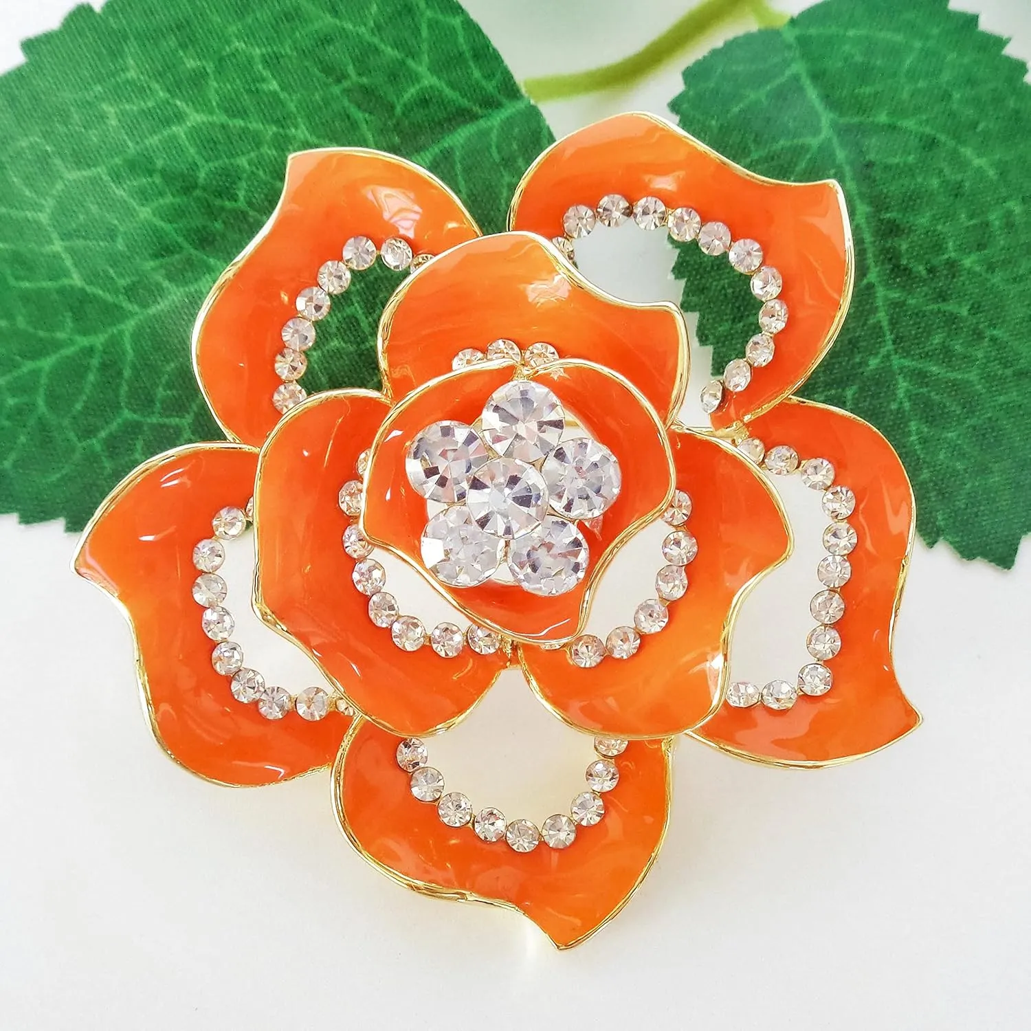 Navachi 18k Gold Plated Crystal Rose Flower Enamel Brooch pins