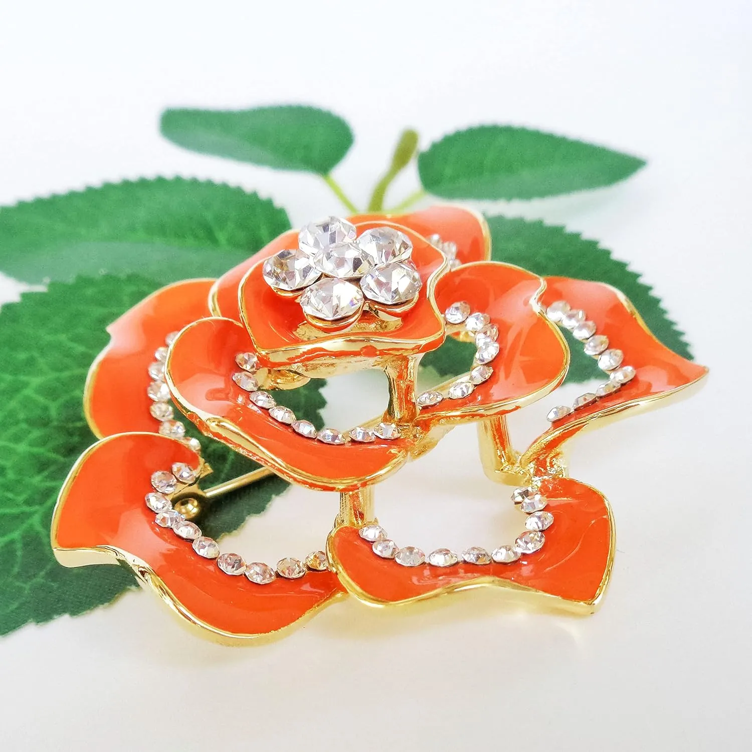 Navachi 18k Gold Plated Crystal Rose Flower Enamel Brooch pins