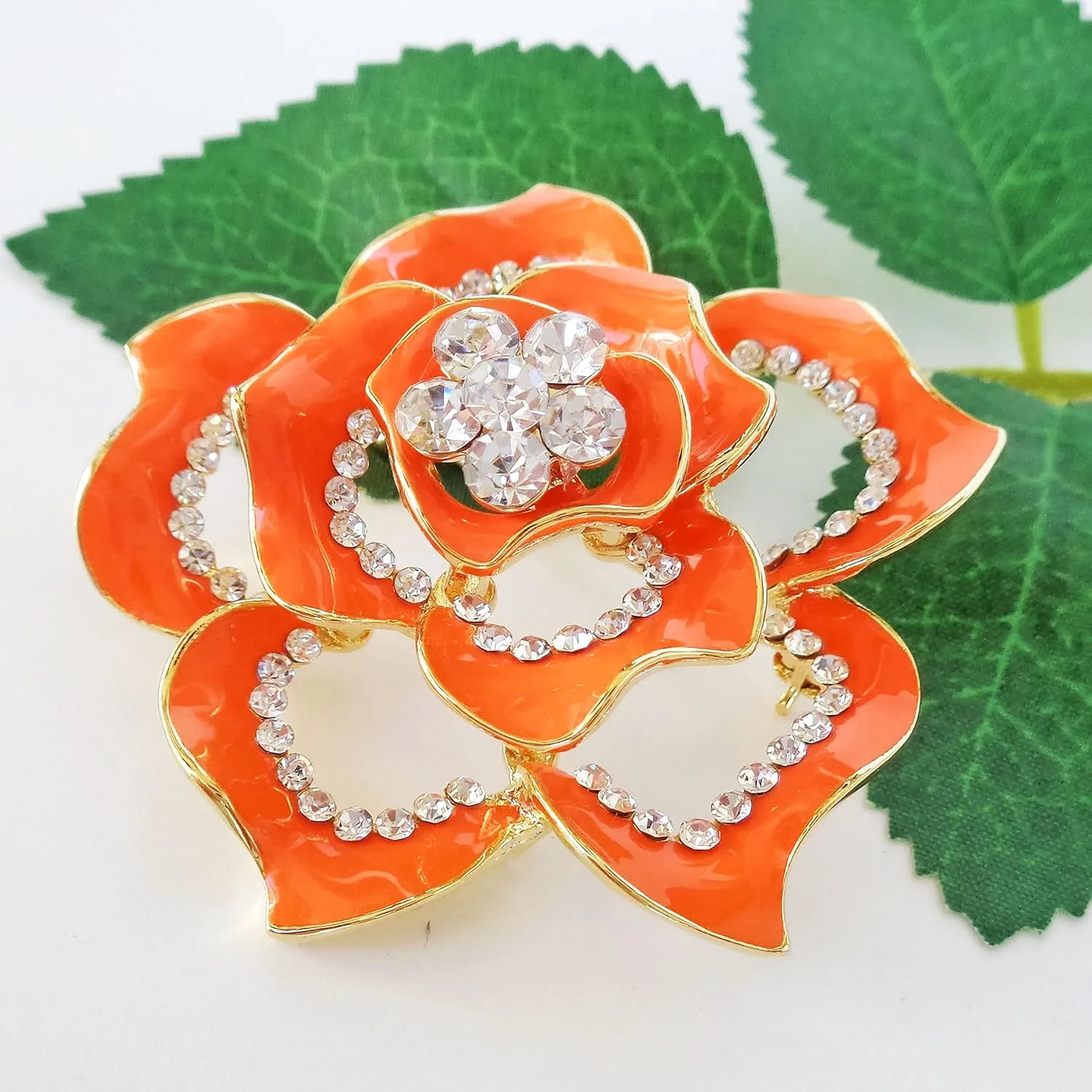 Navachi 18k Gold Plated Crystal Rose Flower Enamel Brooch pins