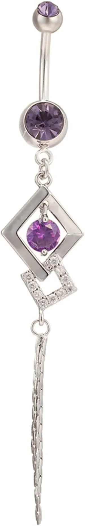 Navel Rings for Women Surgical Steel, Rhombus Belly Button Rings Dangly Cubic Zirconia Tassel Minimal Belly Ring