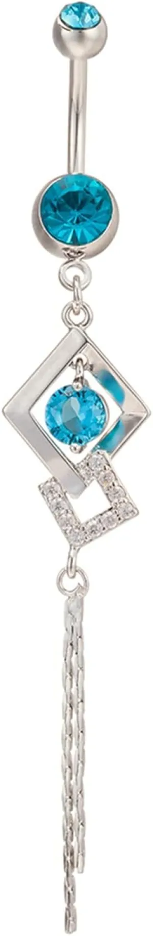 Navel Rings for Women Surgical Steel, Rhombus Belly Button Rings Dangly Cubic Zirconia Tassel Minimal Belly Ring