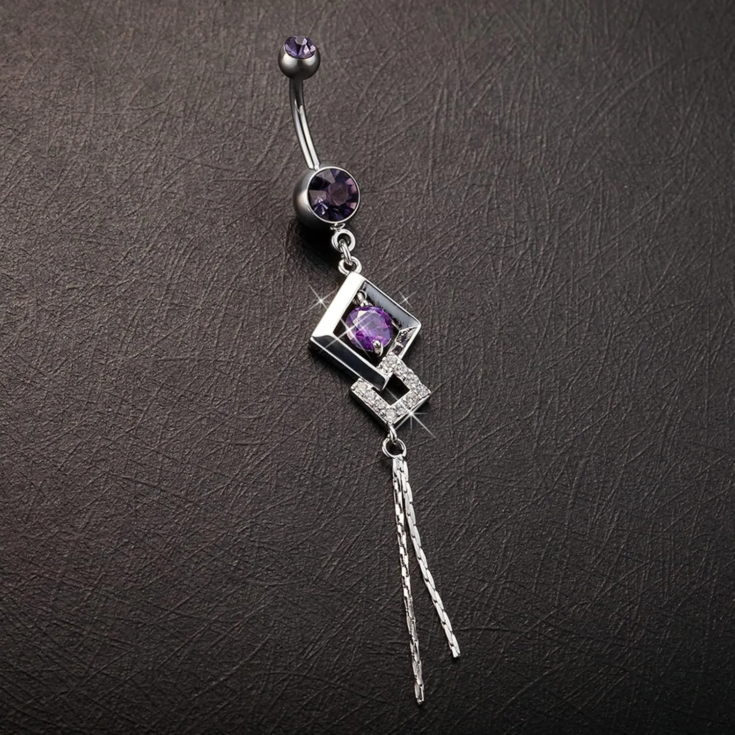 Navel Rings for Women Surgical Steel, Rhombus Belly Button Rings Dangly Cubic Zirconia Tassel Minimal Belly Ring