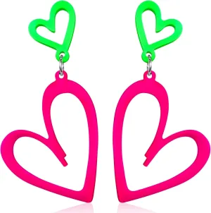 Neon Heart Earrings for Women Acrylic Neon Earrings 80s 90s Neons Earring for Women Colorful Lightning Drop Earring Summer Retro Pendant for 80's Outfit Glow Party Accessories - Hot Pink & Green