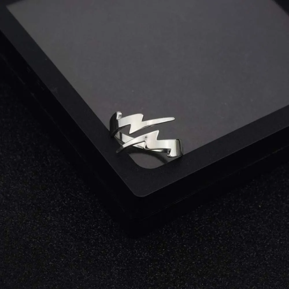 NewZenro Double Lightning Bolt Wrap Open Ring for Men Boys Women Stainless Steel Fashion Punk Personalized Unique Expandable Statement Engagement Finger Rings Jewelry Gifts for BFF Birthday Son