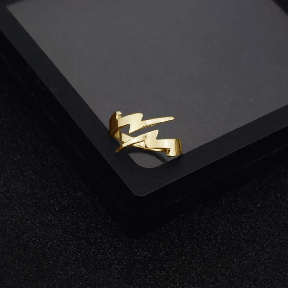 NewZenro Double Lightning Bolt Wrap Open Ring for Men Women Fashion Punk Stainless Steel Personalized Unique Statement Engagement Finger Rings Jewelry Gifts BFF Birthday Son Gold Plated Size 6-9