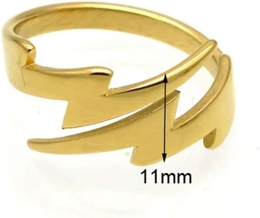 NewZenro Double Lightning Bolt Wrap Open Ring for Men Women Fashion Punk Stainless Steel Personalized Unique Statement Engagement Finger Rings Jewelry Gifts BFF Birthday Son Gold Plated Size 6-9