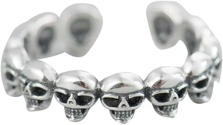 NewZenro Gothic Skull Eternity Open S925 Sterling Silver Engagement Unique Vintage Stacking Ring Dainty Adjustable Statement Finger Band Knuckle Rings Halloween Jewelry Gifts for Women Her