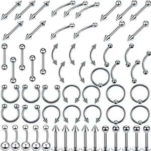 NOLITOY 120Pcs Stainless Steel Body Jewelry Piercing Rings Set Versatile Nose Lip Tongue Belly Piercing Mix High Polished Silver Finish Comfortable Wear Chic Design for Fashion