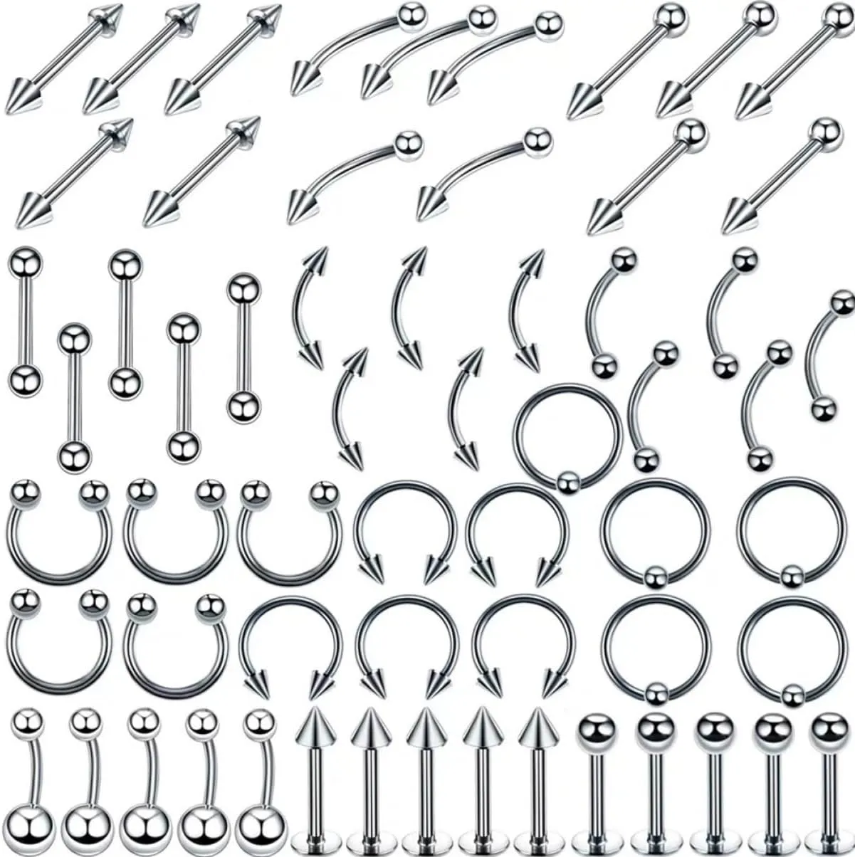 NOLITOY 120Pcs Stainless Steel Body Jewelry Piercing Rings Set Versatile Nose Lip Tongue Belly Piercing Mix High Polished Silver Finish Comfortable Wear Chic Design for Fashion