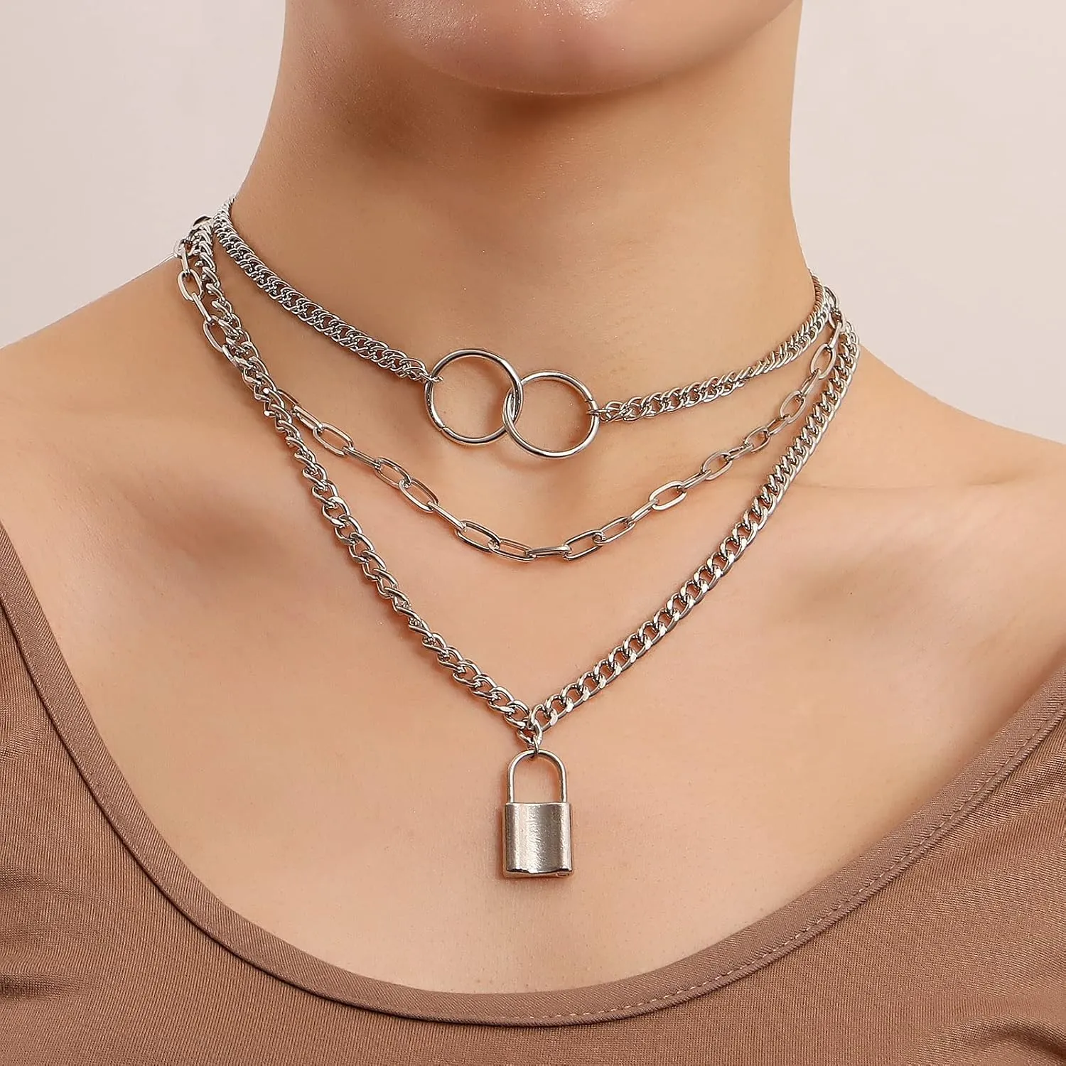 Octwine Dainty Lock Layered Necklace Multilayer Choker Necklace Tiered Multilayer Adjustable Chokers Necklace Charm Pearls Pendant Necklace for Women Girls (Silver Lock)