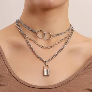 Octwine Dainty Lock Layered Necklace Multilayer Choker Necklace Tiered Multilayer Adjustable Chokers Necklace Charm Pearls Pendant Necklace for Women Girls (Silver Lock)