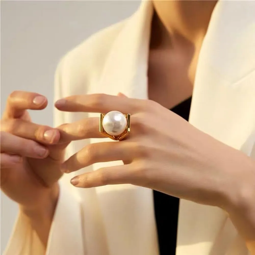 OIDIMS Exaggerated Pearl Statement Band Ring Stainless Steel Y Shaped Unique Style Big Rings Personalized Finger Comfort Fit Jewelry for Women Fashion Gift Birthday Xmas