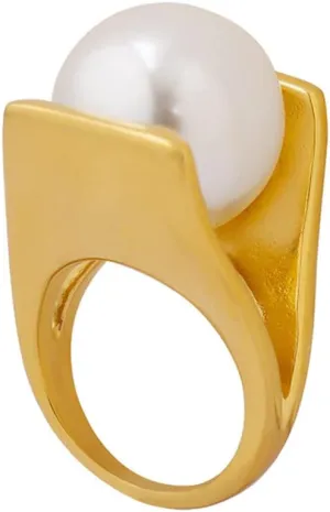 OIDIMS Exaggerated Pearl Statement Band Ring Stainless Steel Y Shaped Unique Style Big Rings Personalized Finger Comfort Fit Jewelry for Women Fashion Gift Birthday Xmas