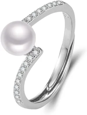 OIDIMS Pearl Promise Ring for Women Cubic Zirconia Statement Expandable Adjustable Rings Pearl Ball Open Band Comfort Fit Valentine's Day Engagement Wedding Jewelry Unique Elegant Gifts for Mom