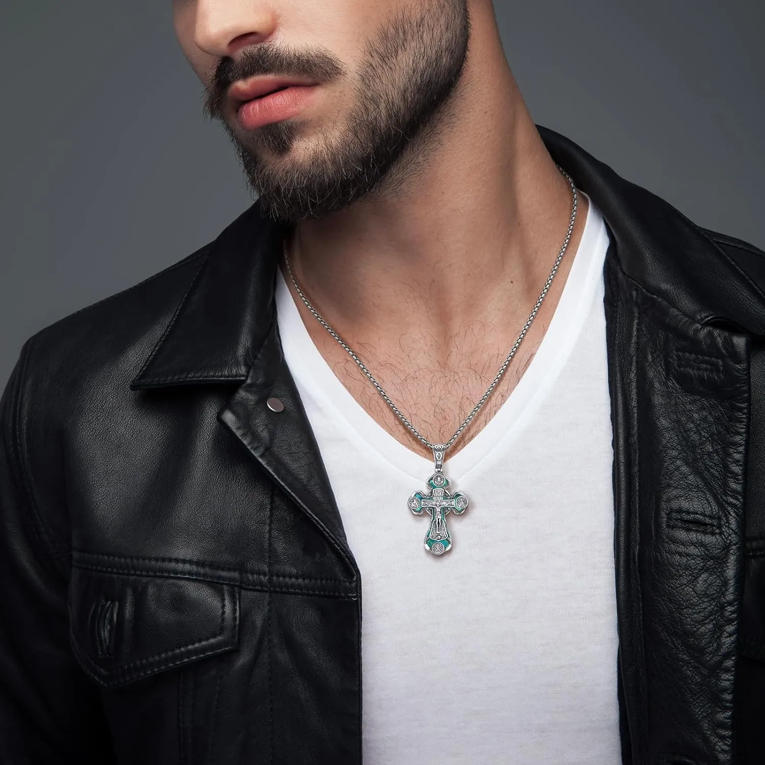 Orthodox Cross Necklace, Silver Crucifix Cross for Men Women Turquoise Jesus & Virgin Mary Cross Pendant Necklaces Christian Religious Jewelry Gift