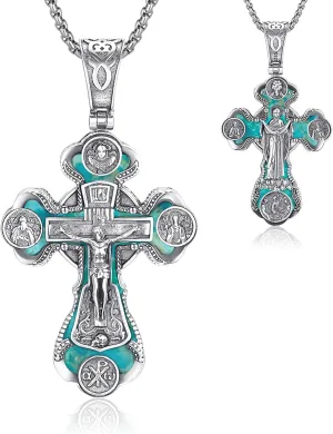 Orthodox Cross Necklace, Silver Crucifix Cross for Men Women Turquoise Jesus & Virgin Mary Cross Pendant Necklaces Christian Religious Jewelry Gift