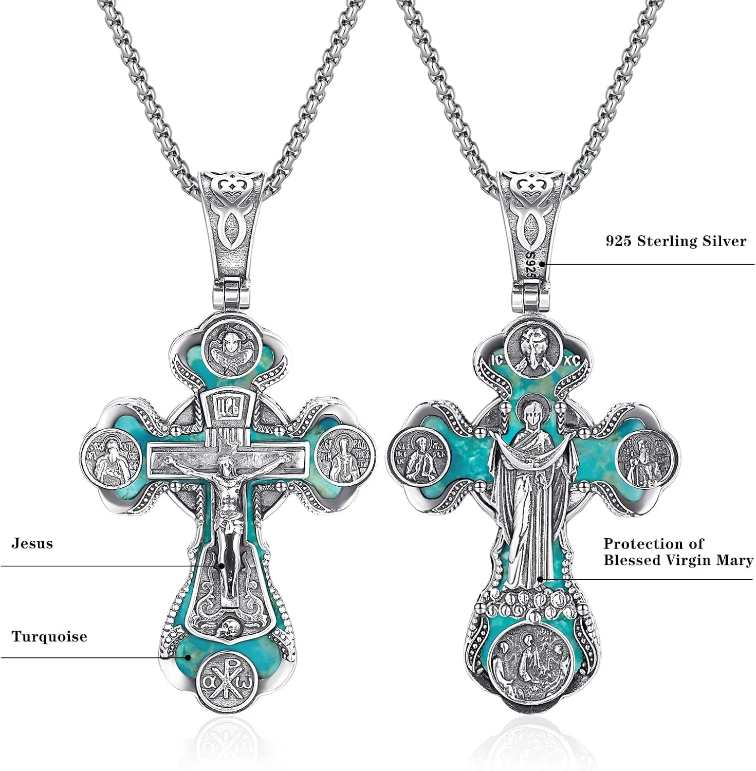 Orthodox Cross Necklace, Silver Crucifix Cross for Men Women Turquoise Jesus & Virgin Mary Cross Pendant Necklaces Christian Religious Jewelry Gift