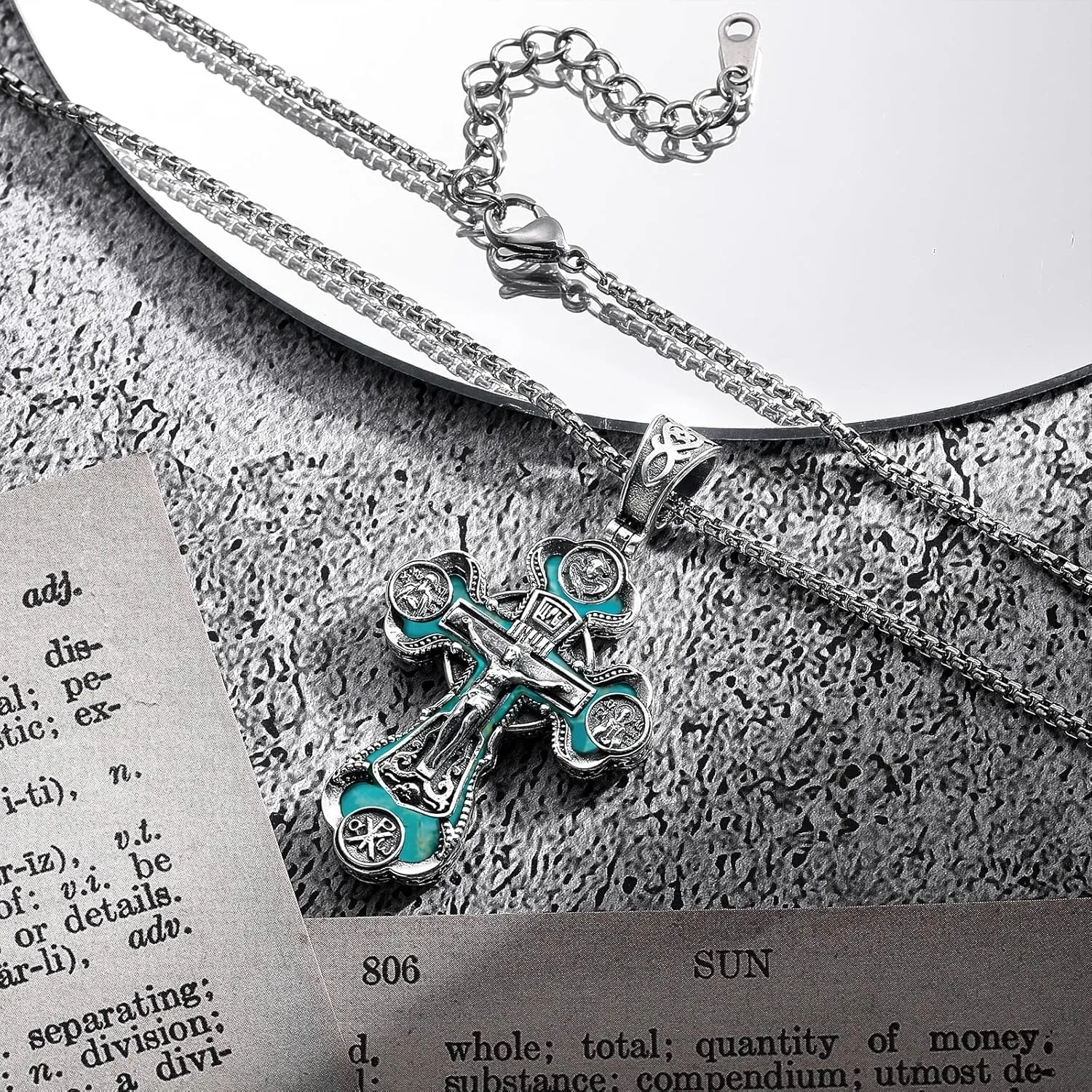 Orthodox Cross Necklace, Silver Crucifix Cross for Men Women Turquoise Jesus & Virgin Mary Cross Pendant Necklaces Christian Religious Jewelry Gift