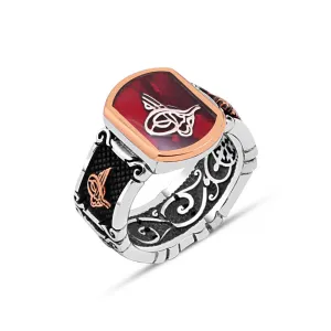 Ottoman Tughra on Red Stadium Shape Enamel Silver Men’s Ring Siding Tughra